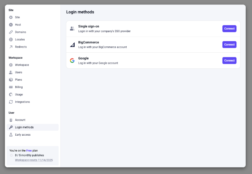 Available login methods for Makeswift users