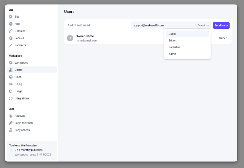 An email address entered in the Send Invite field. The role dropdown selector is expanded showing roles for Guest, Editor, Publisher, and Author.