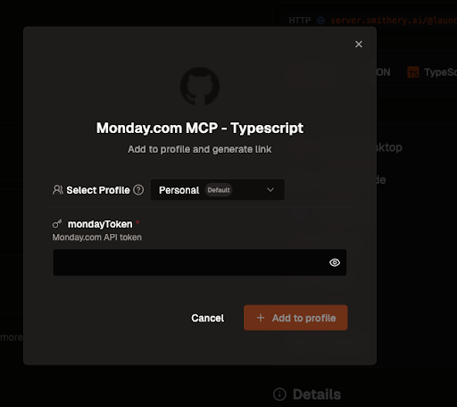 Generate URL dialog in Smithery