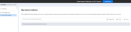 Monday.com API token in developer center