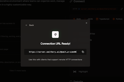 Generated authenticated URL in Smithery