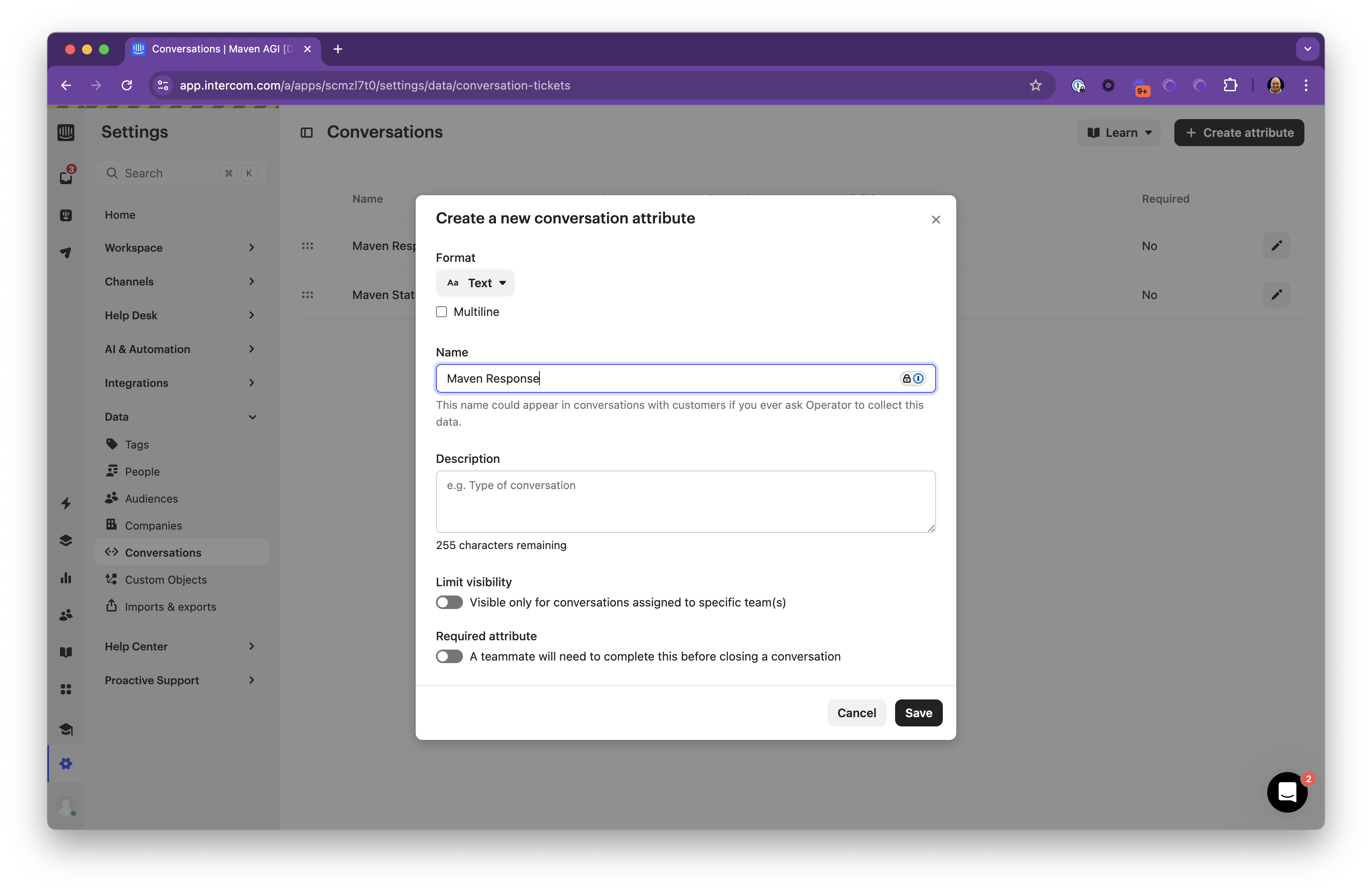 Create Conversation Attributes in Intercom