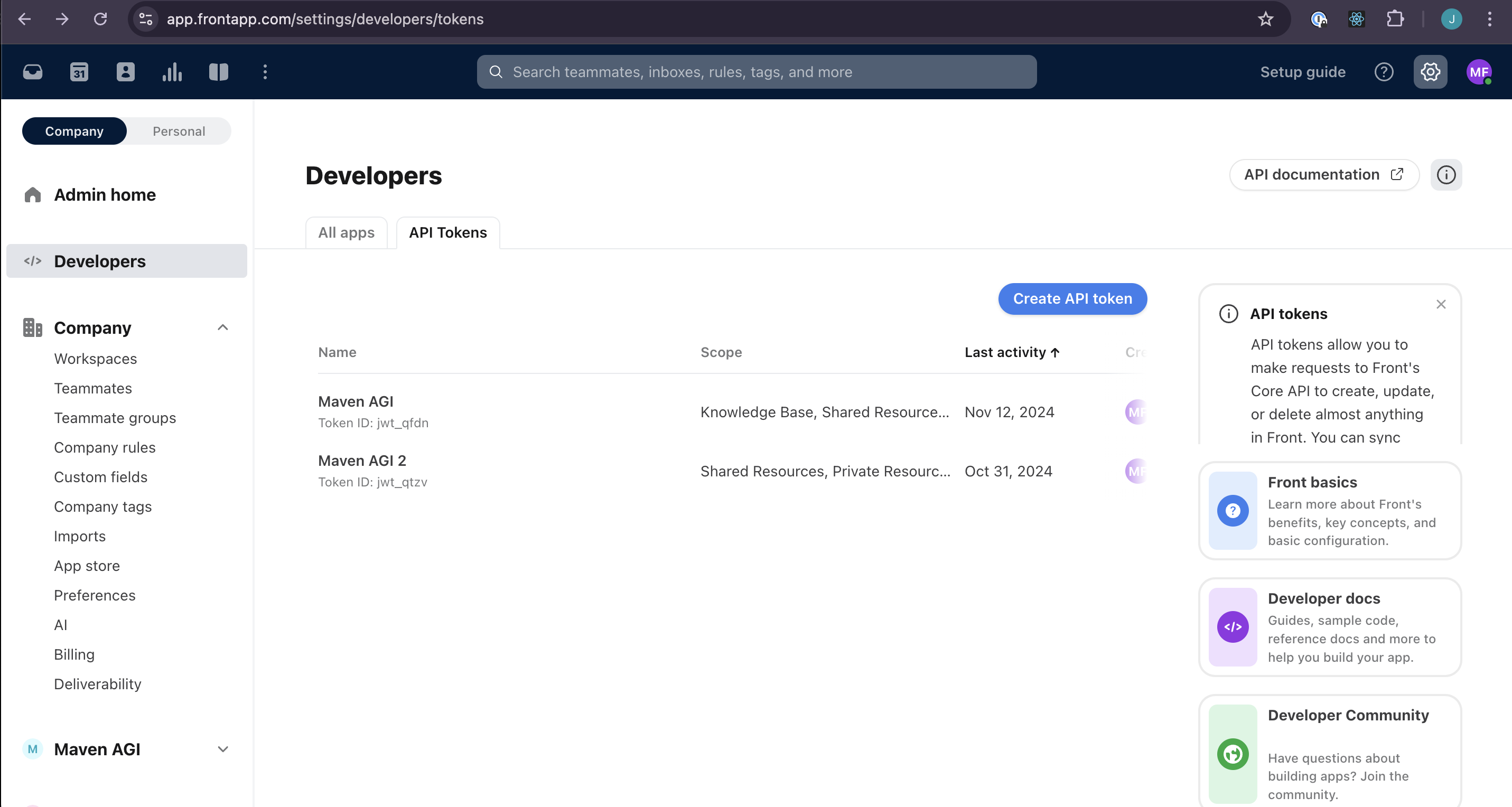Create API Token in Front