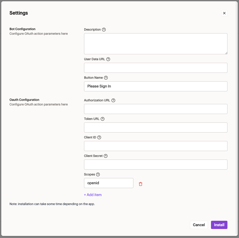 Action Installation Form