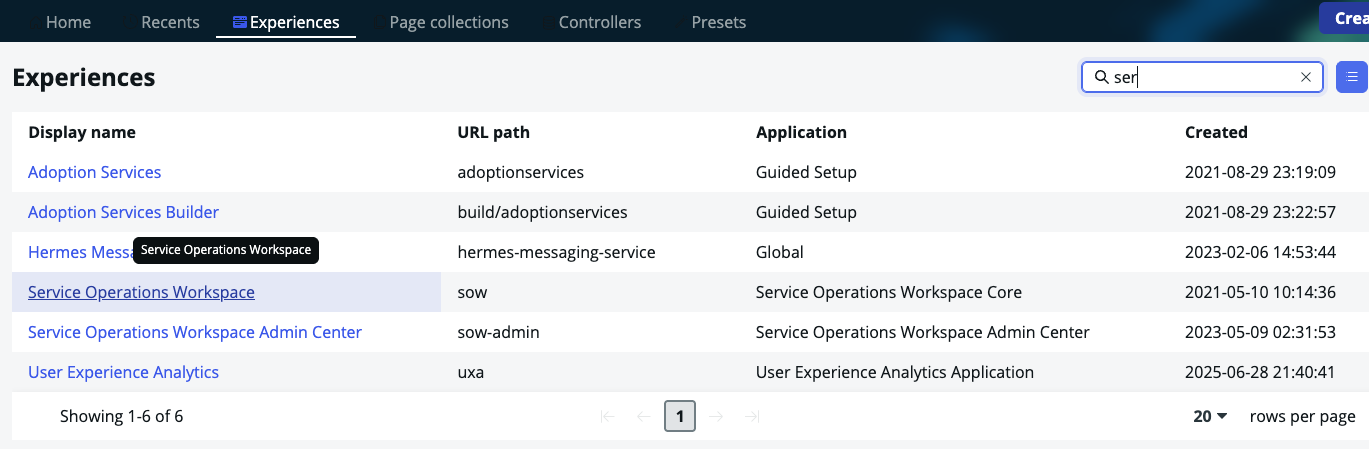 SOW in Experiences Tab
