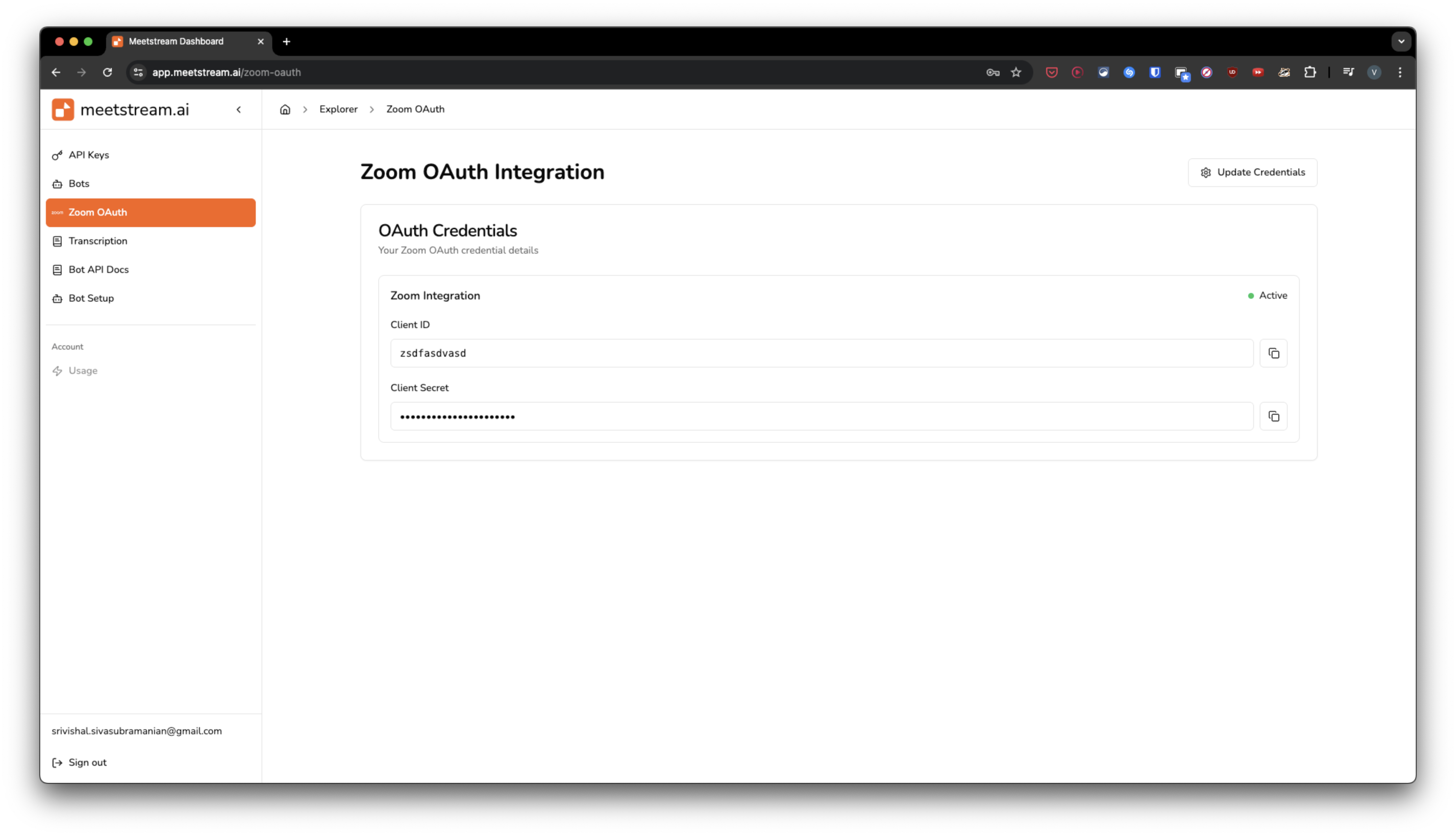 MeetStream Bot Explorer interface