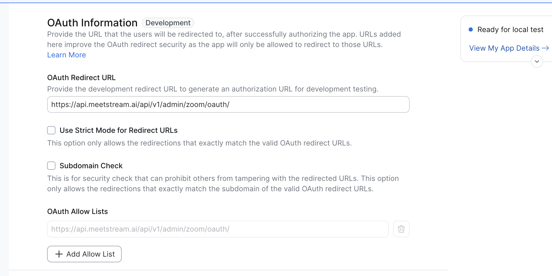 Zoom App Marketplace: OAuth Information — OAuth Redirect URL and OAuth Allow Lists