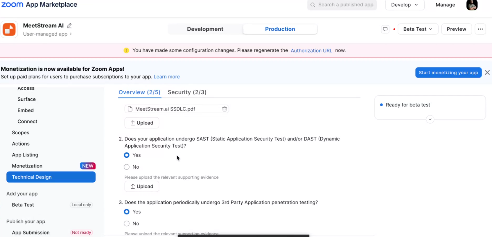 MeetStream Dashboard Zoom credentials