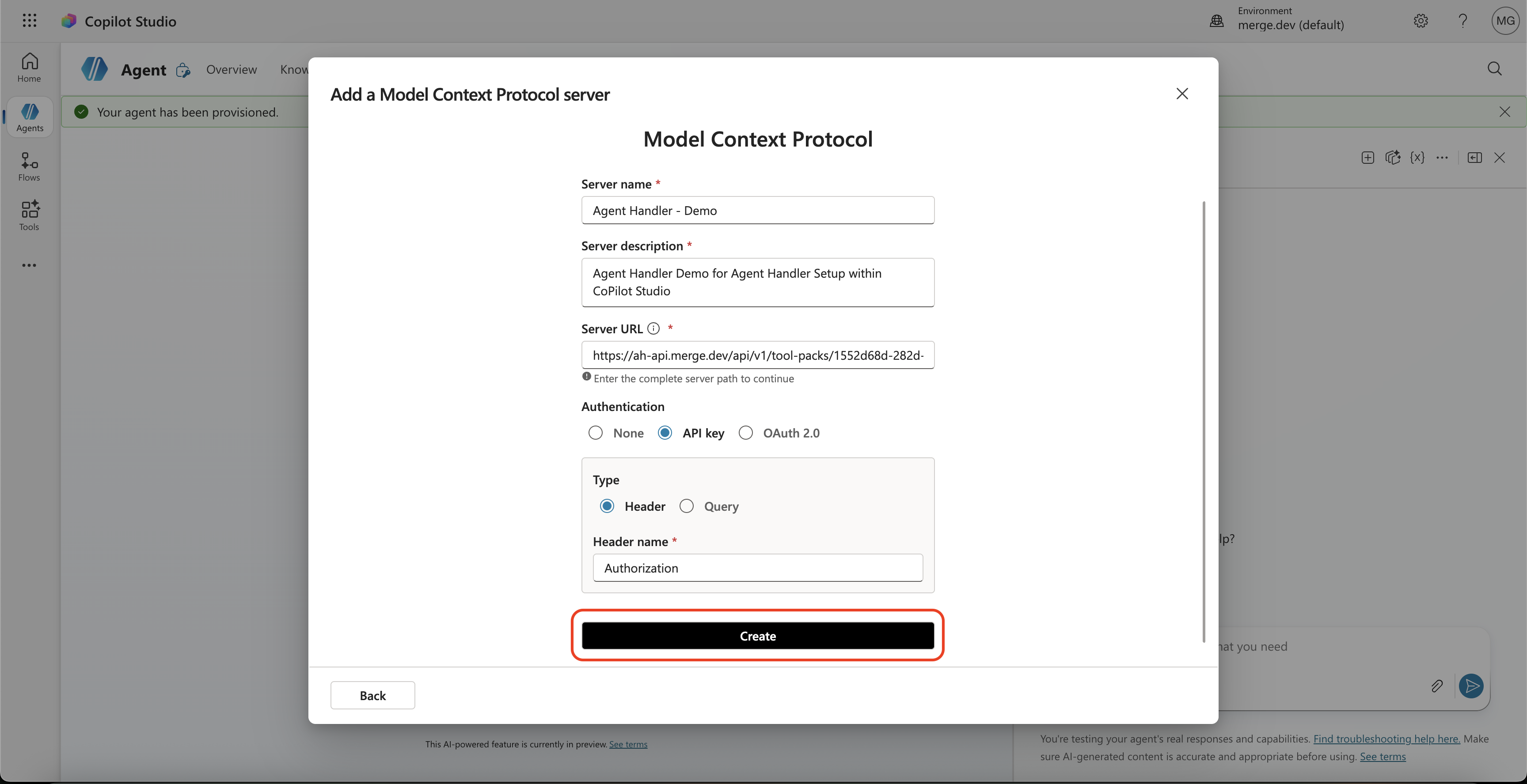 Model Context Protocol server form filled out with Agent Handler values, Create button highlighted