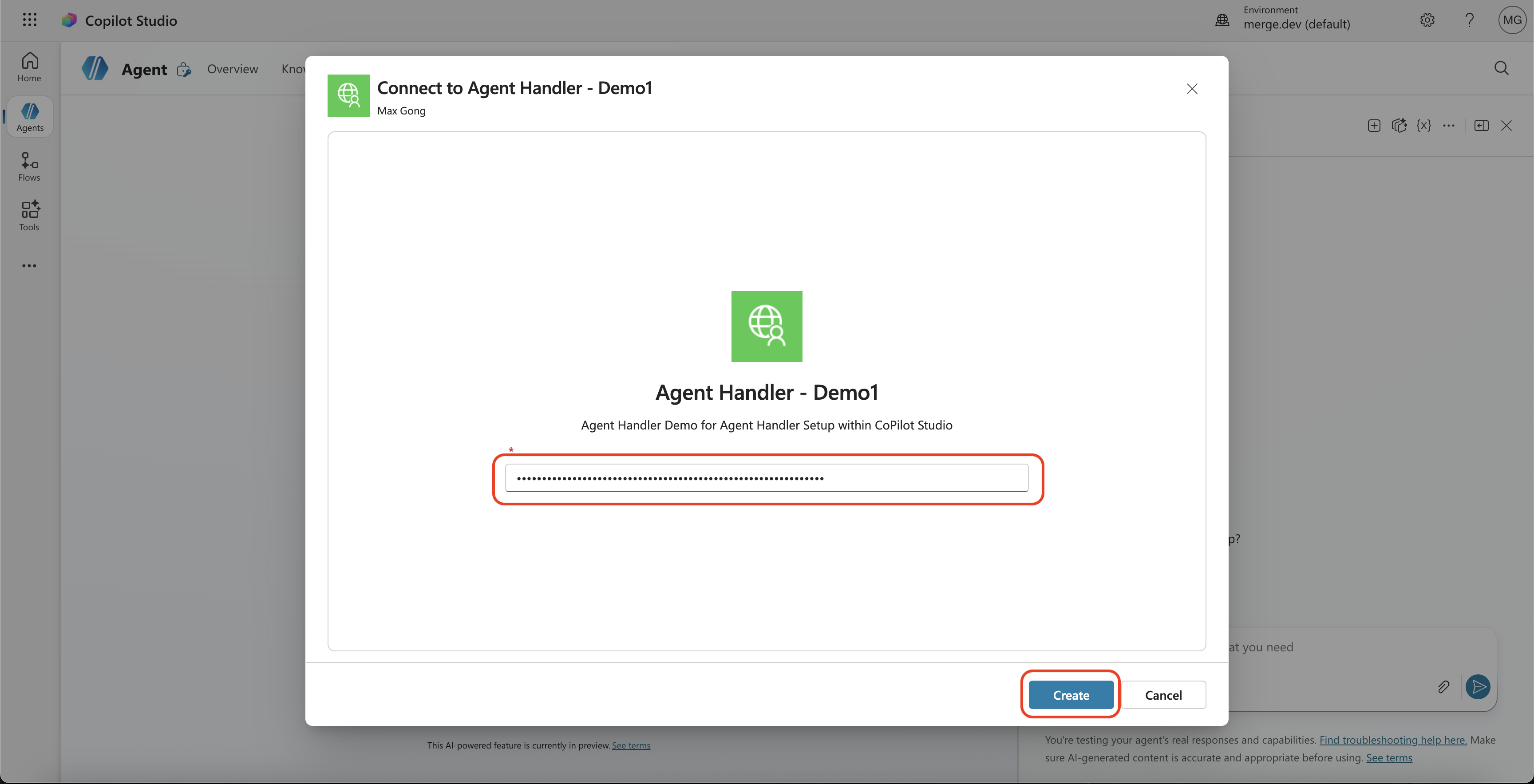 Connect to Agent Handler dialog with API key field highlighted