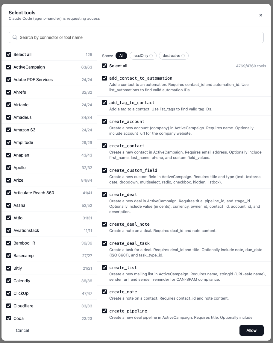 Tool selection screen