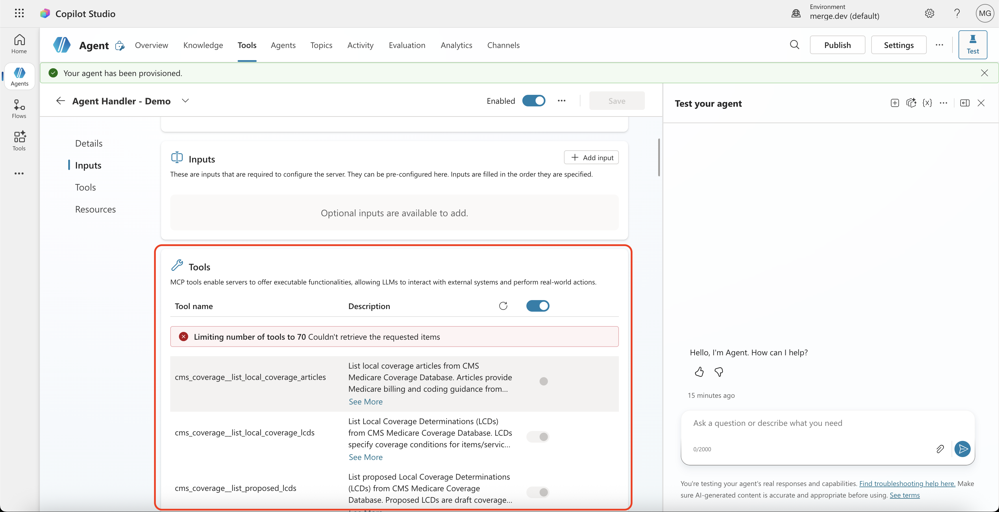 Tool description page showing Agent Handler tools enabled in Copilot Studio