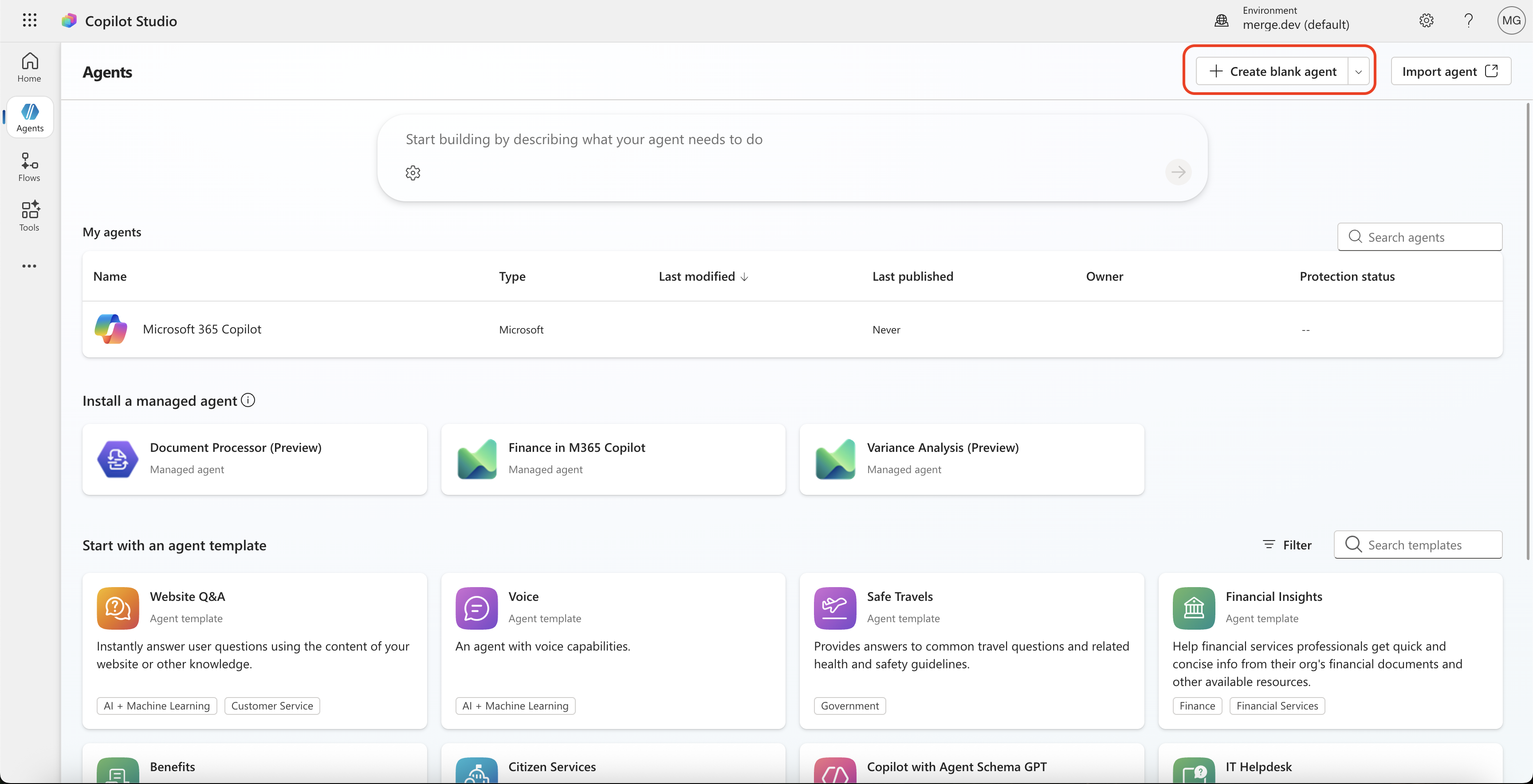 Copilot Studio agent list with the Create blank agent button highlighted