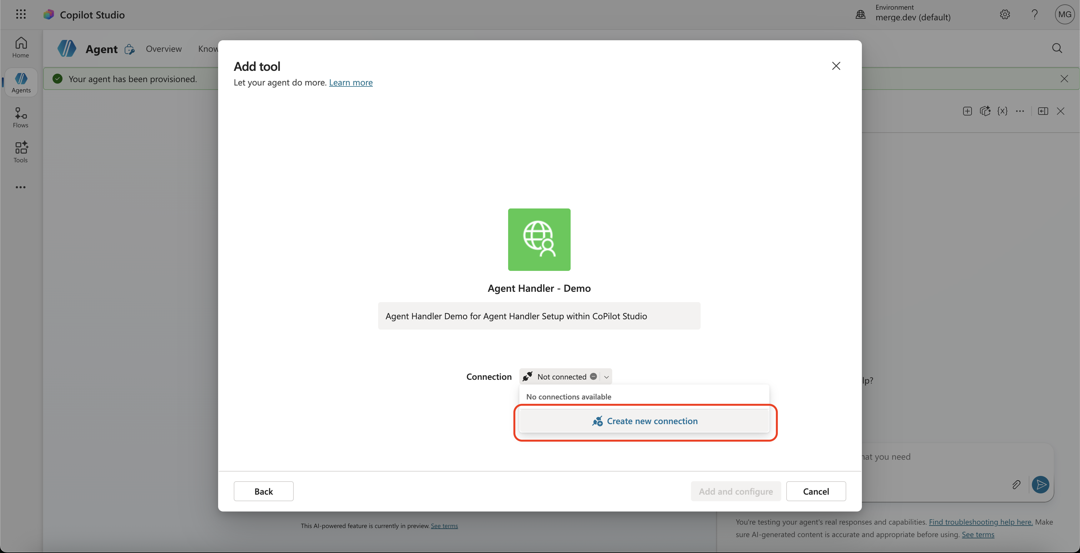 Add tool dialog showing the Create new connection option