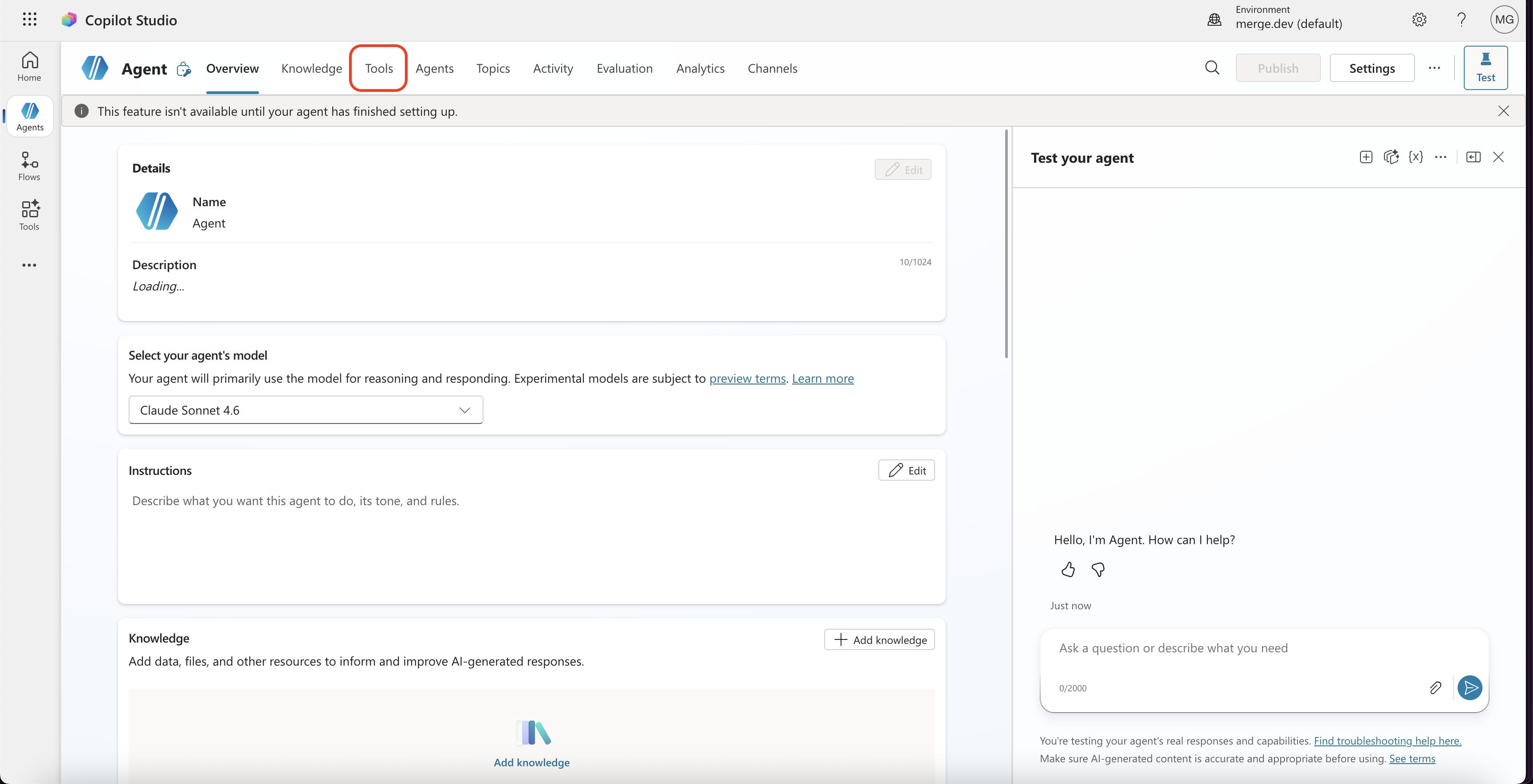 Copilot Studio agent overview with the Tools tab highlighted