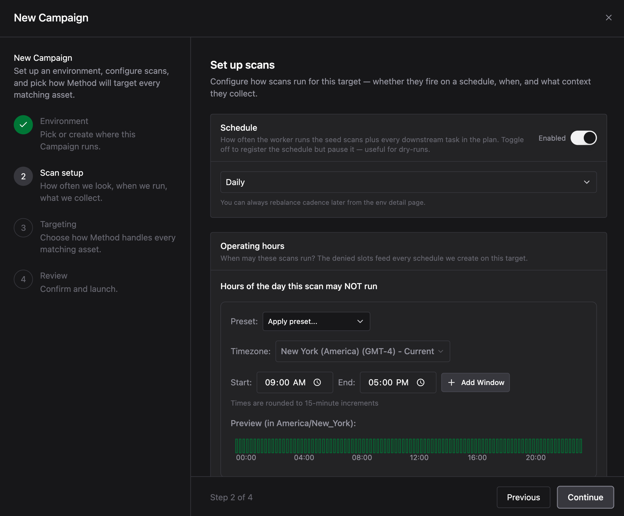 Scan setup step showing schedule, blackout windows, and environment variables