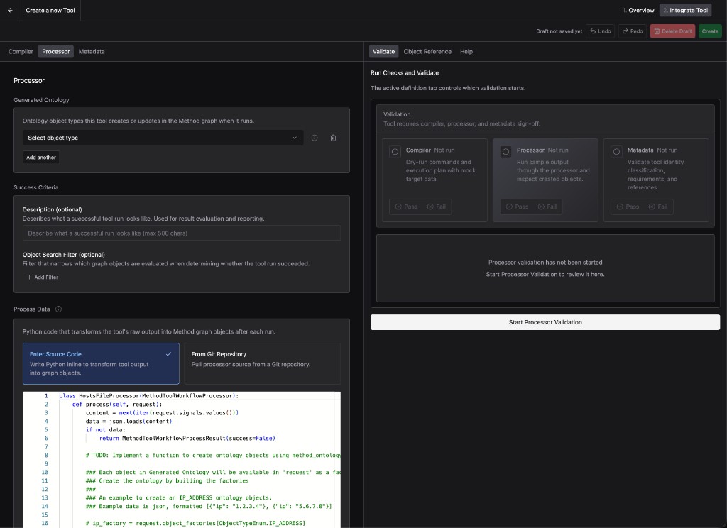 The Processor tab of the Tool builder, showing a Generated Ontology object type selector, a Success Criteria section, and an inline Python processor that parses tool output into graph objects.