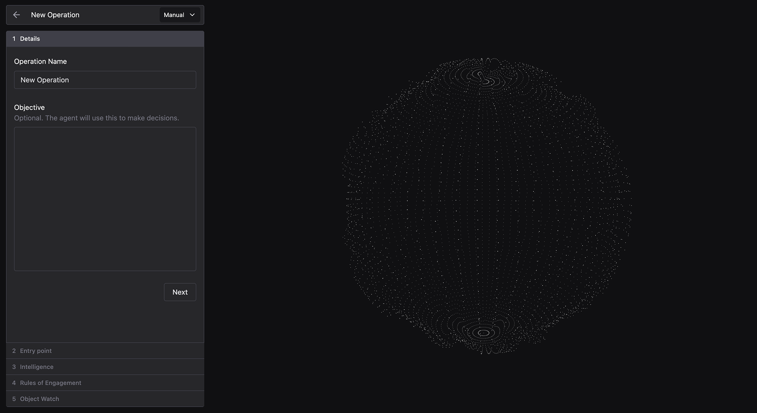 New Operation form showing Details, Entry point, Intelligence, Rules of Engagement, and Object Watch steps
