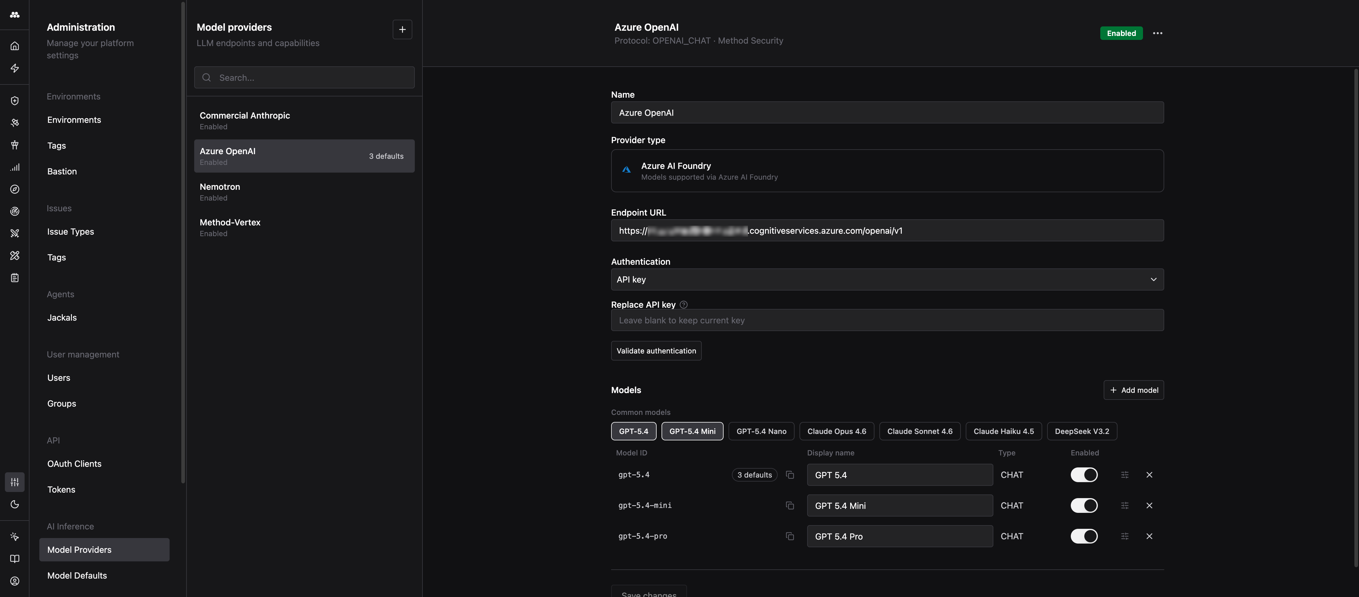 Model Providers page showing a list of providers and the selected provider's configuration