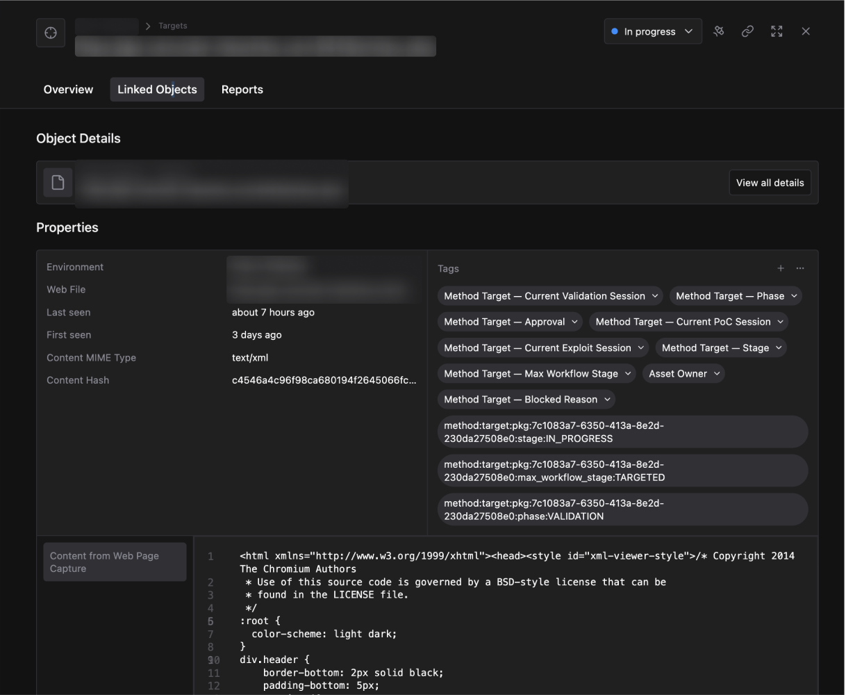 Linked Objects tab showing asset properties and metadata