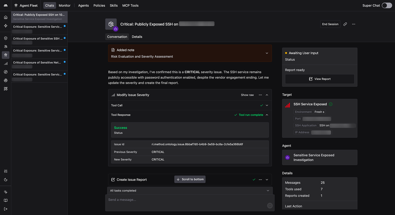 Agent Fleet conversation view showing investigation results, severity confirmation, and generated report