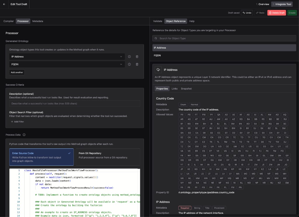 The Object Reference tab open to the IP Address Object Type, listing properties like Country Code with their metadata, allowed values, and property IDs.