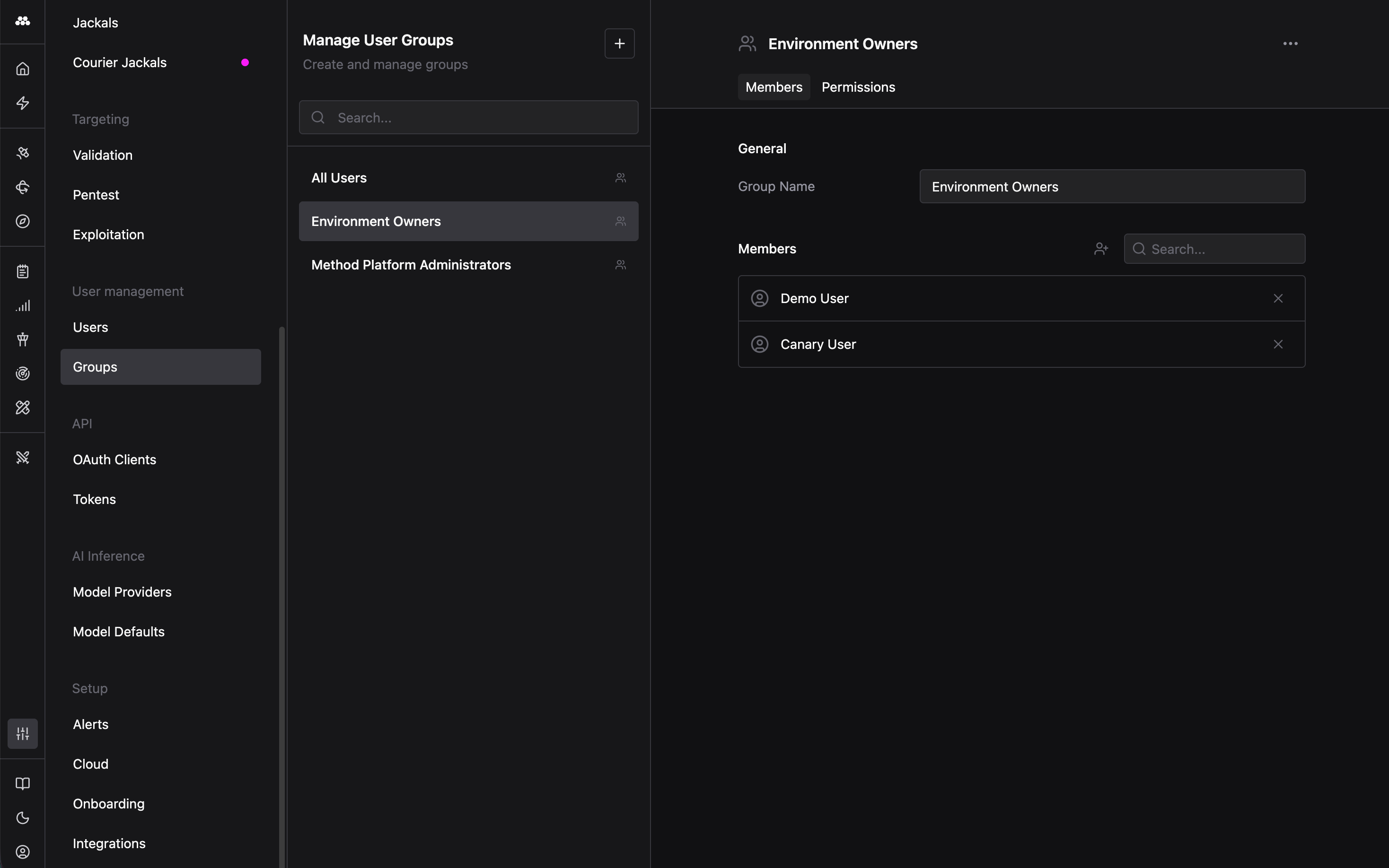Group administration page showing a list of groups and the users in each group