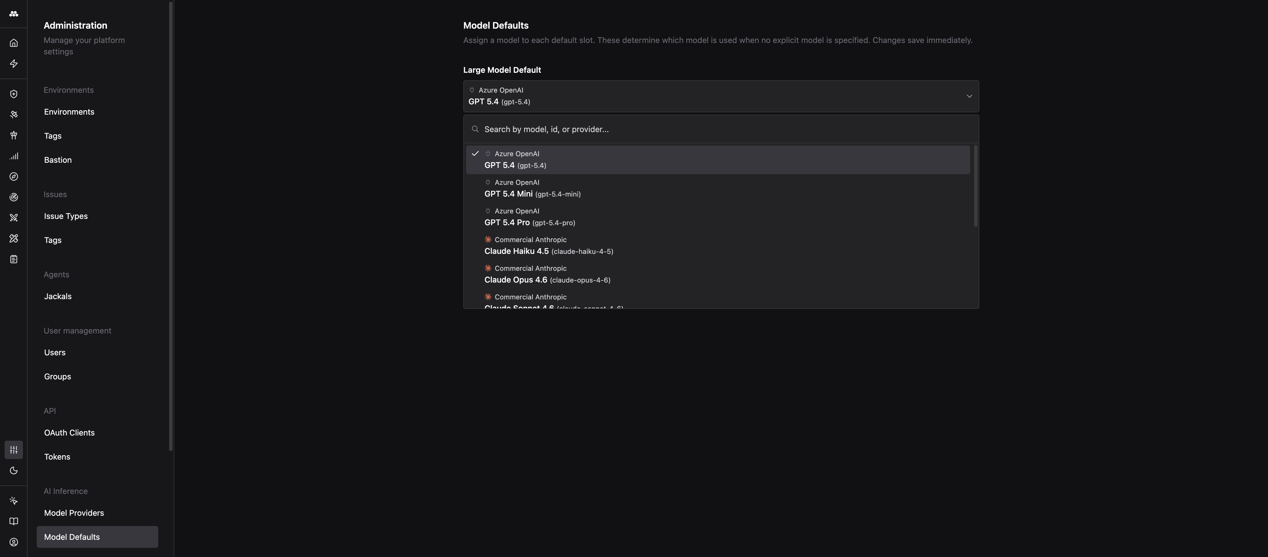 Model Defaults page with dropdowns for Large, Medium, and Small model defaults