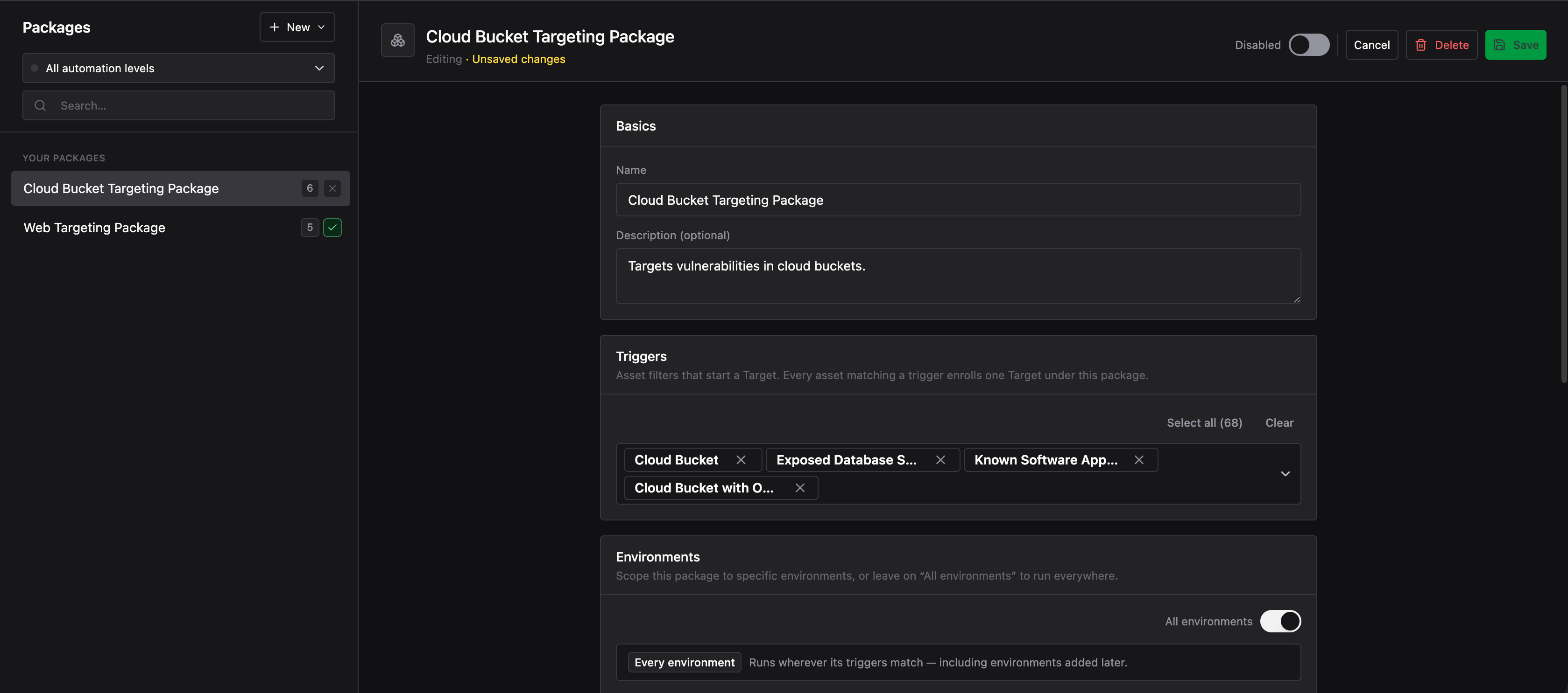 Package edit form showing the Cloud Bucket Targeting Package with four triggers selected