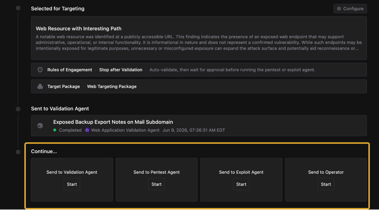 Continue section showing Send to Validation Agent, Send to Pentest Agent, Send to Exploit Agent, and Send to Operator options