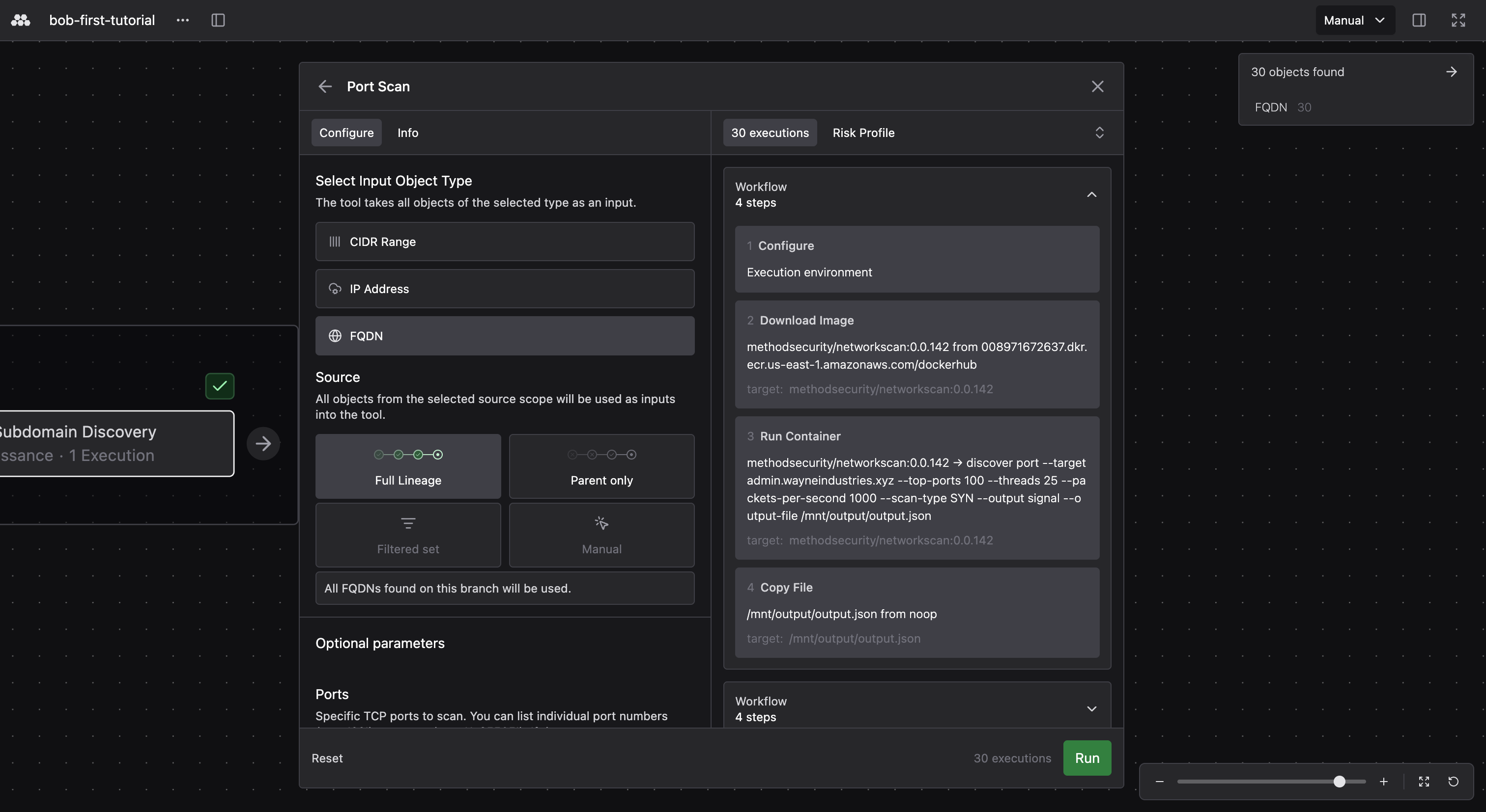Port Scan configuration panel showing input object type, source, and optional parameters