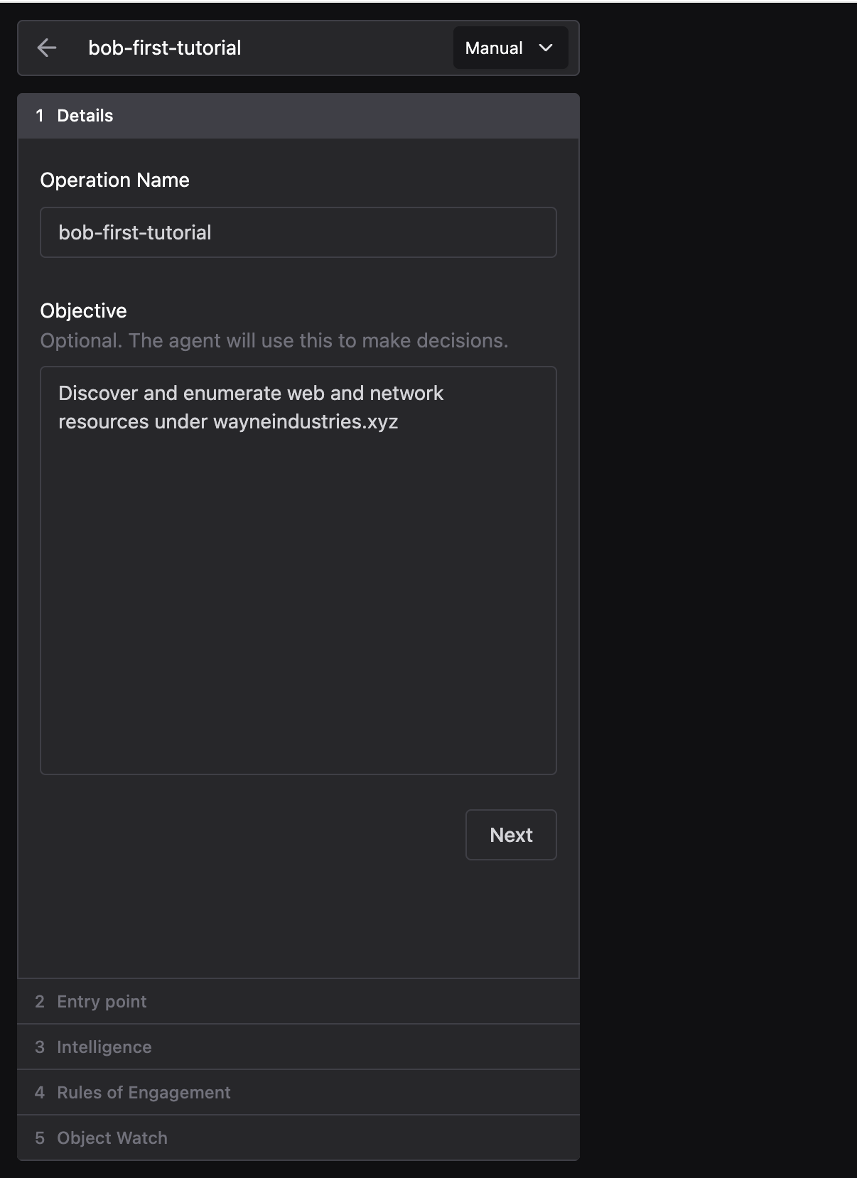 Operation setup form with name, mode, and objective fields
