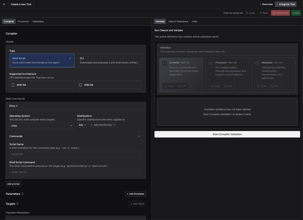 The Compiler tab of the Tool builder, with Shell Script selected, supported architecture checkboxes, a shell command entry for Linux, and sections for Parameters and Targets.