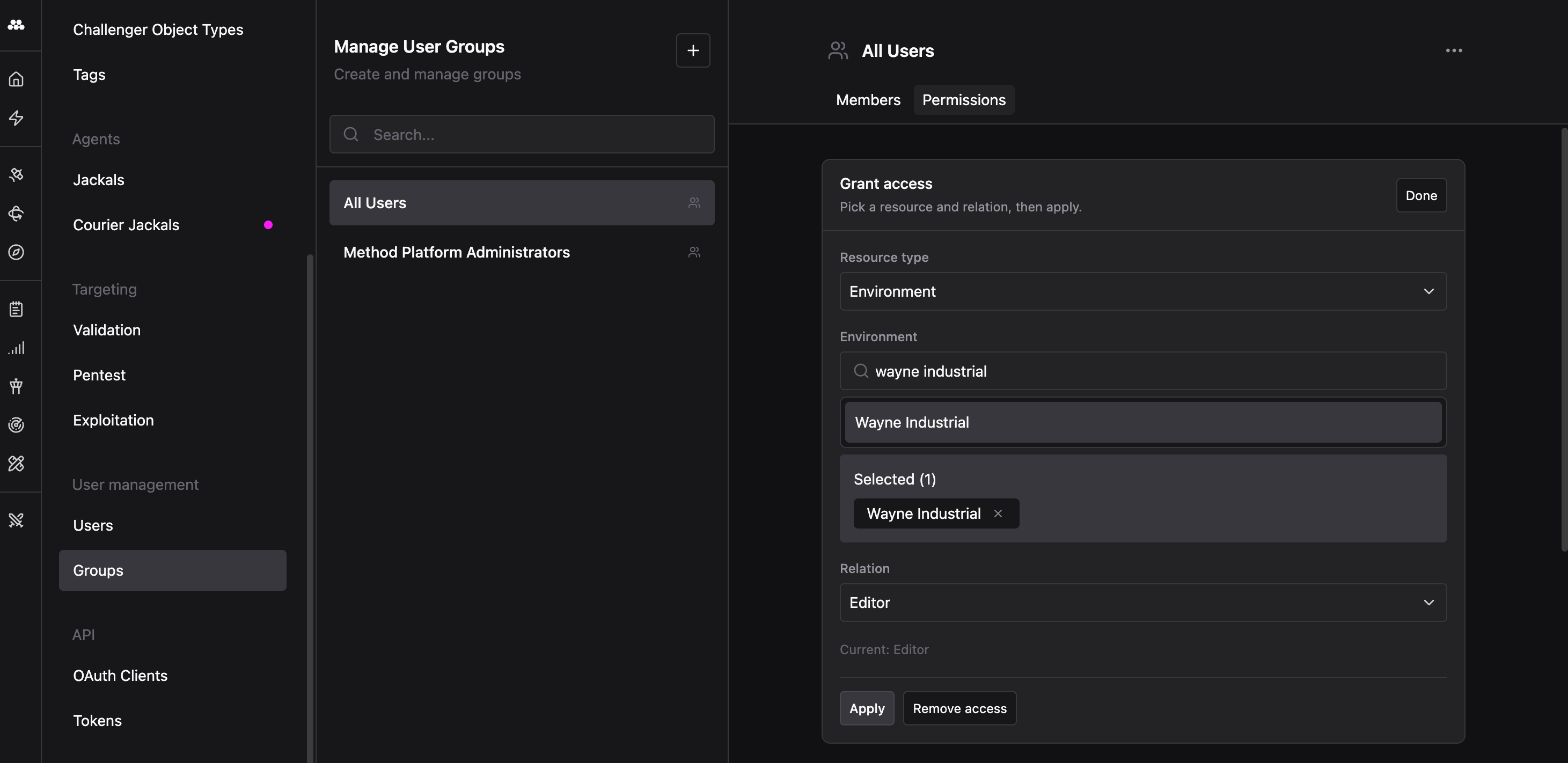 Permission change tab on groups page