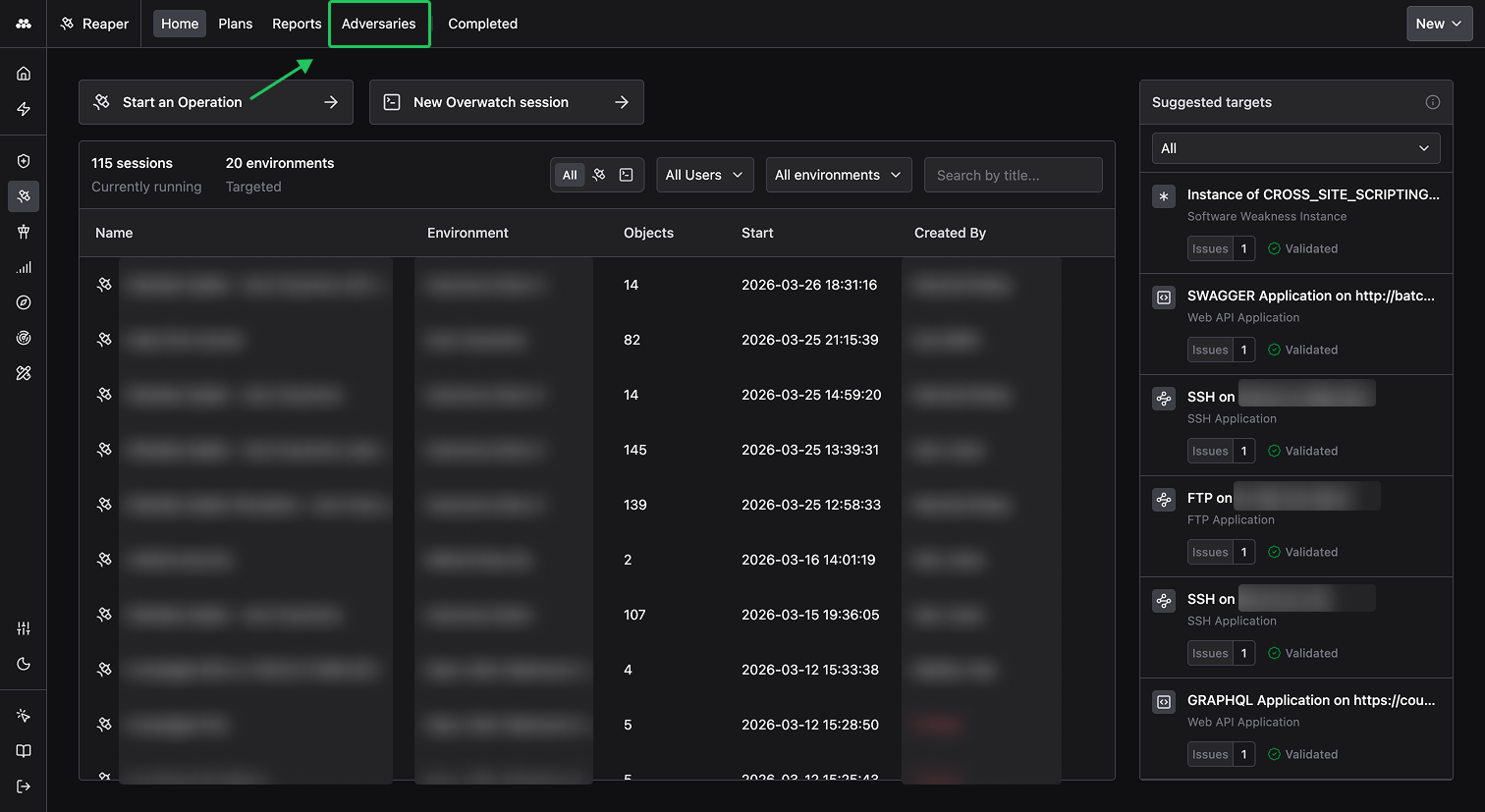 Select the Adversaries tab in Reaper