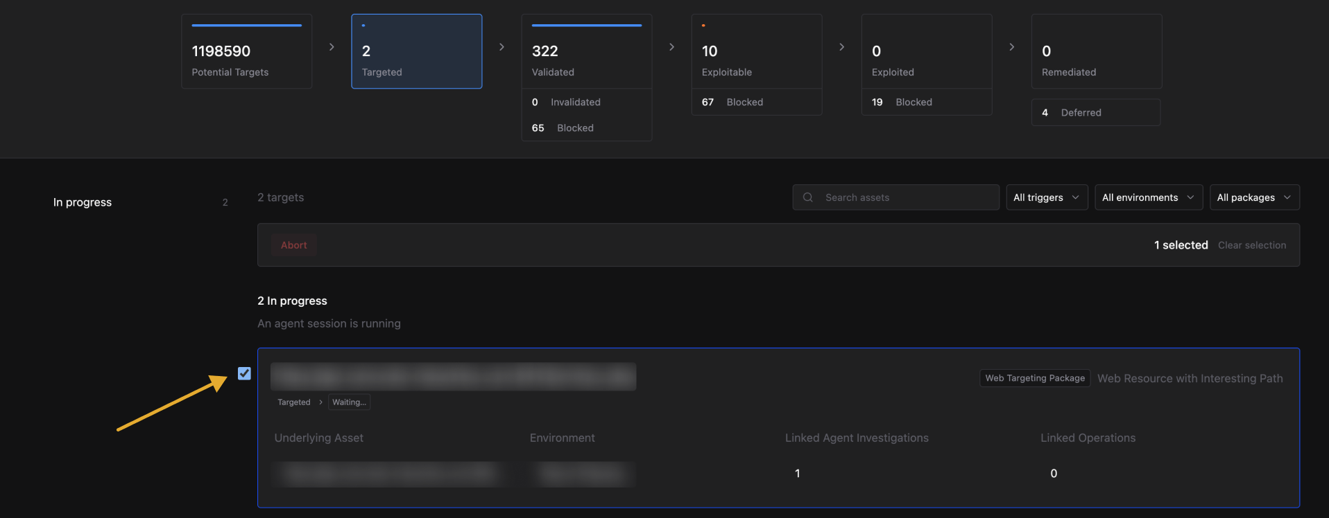 Targeted status selected showing an in-progress target with package, trigger, underlying asset, and linked investigation details