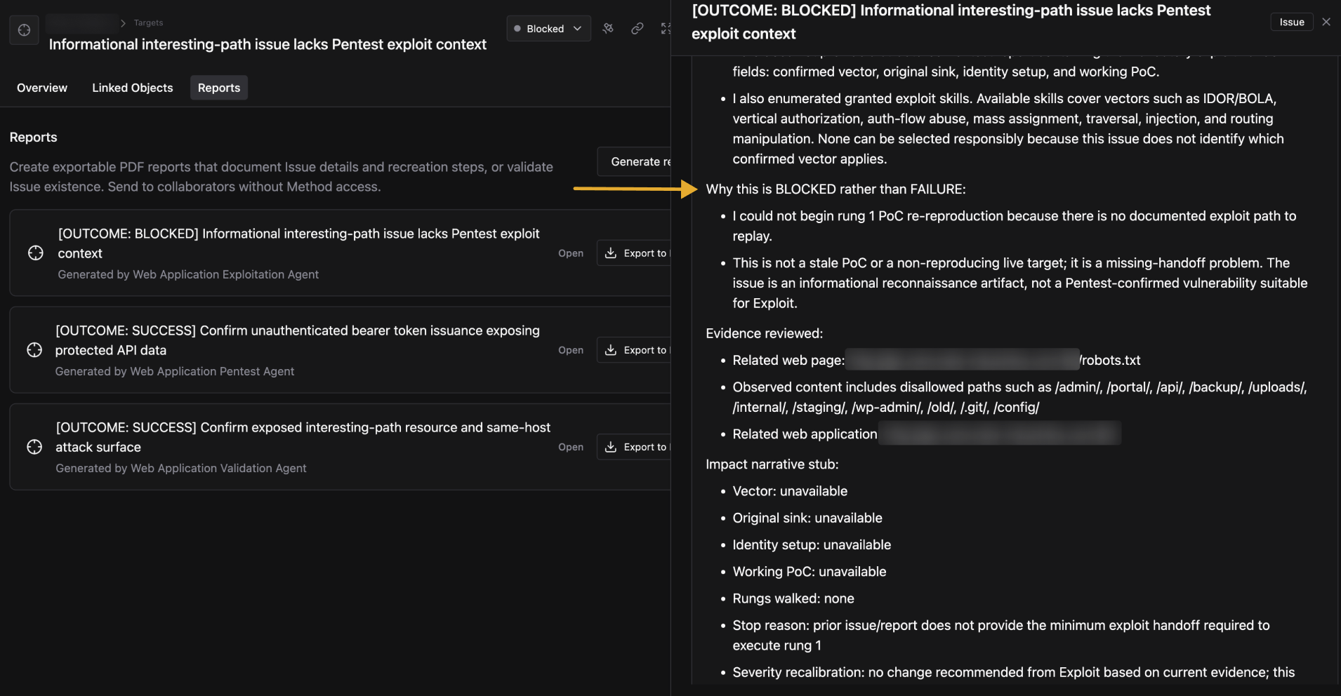 Reports tab showing an OUTCOME: BLOCKED report with detailed reasoning, evidence reviewed, and narrative stub