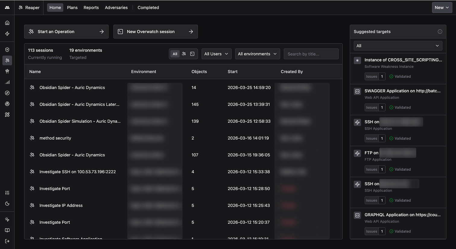 Reaper Operations page showing active sessions and suggested targets