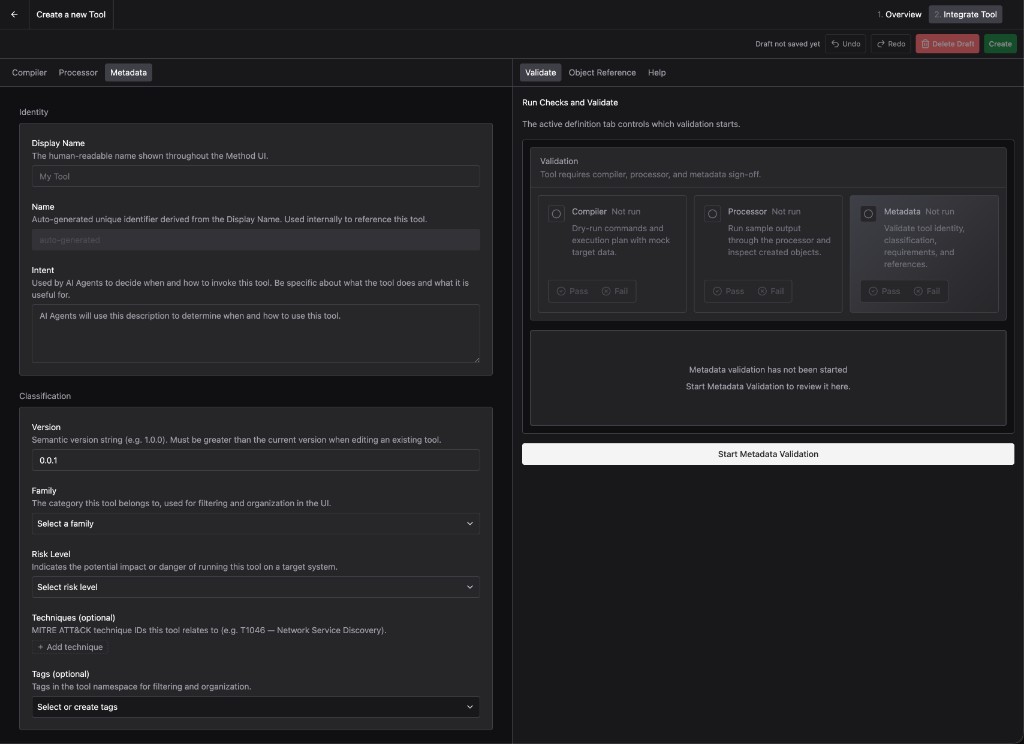 The Metadata tab of the Tool builder, with Identity fields for Display Name, Name, and Intent, and Classification fields for Version, Family, Risk Level, Techniques, and Tags.