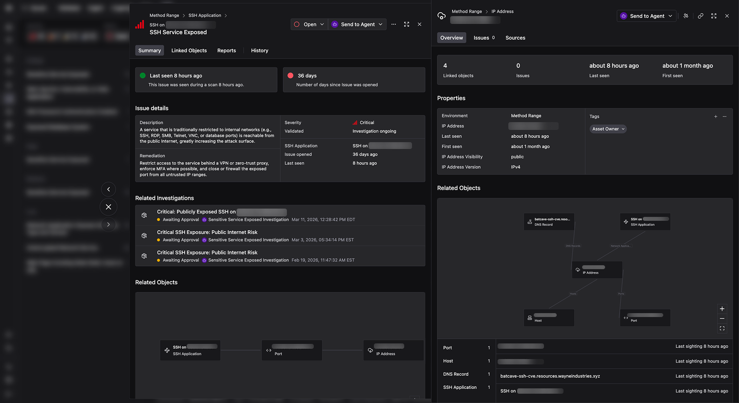 Linked Objects tab showing an IP Address object's properties and a Related Objects graph connecting DNS Records, Hosts, SSH Applications, and Ports