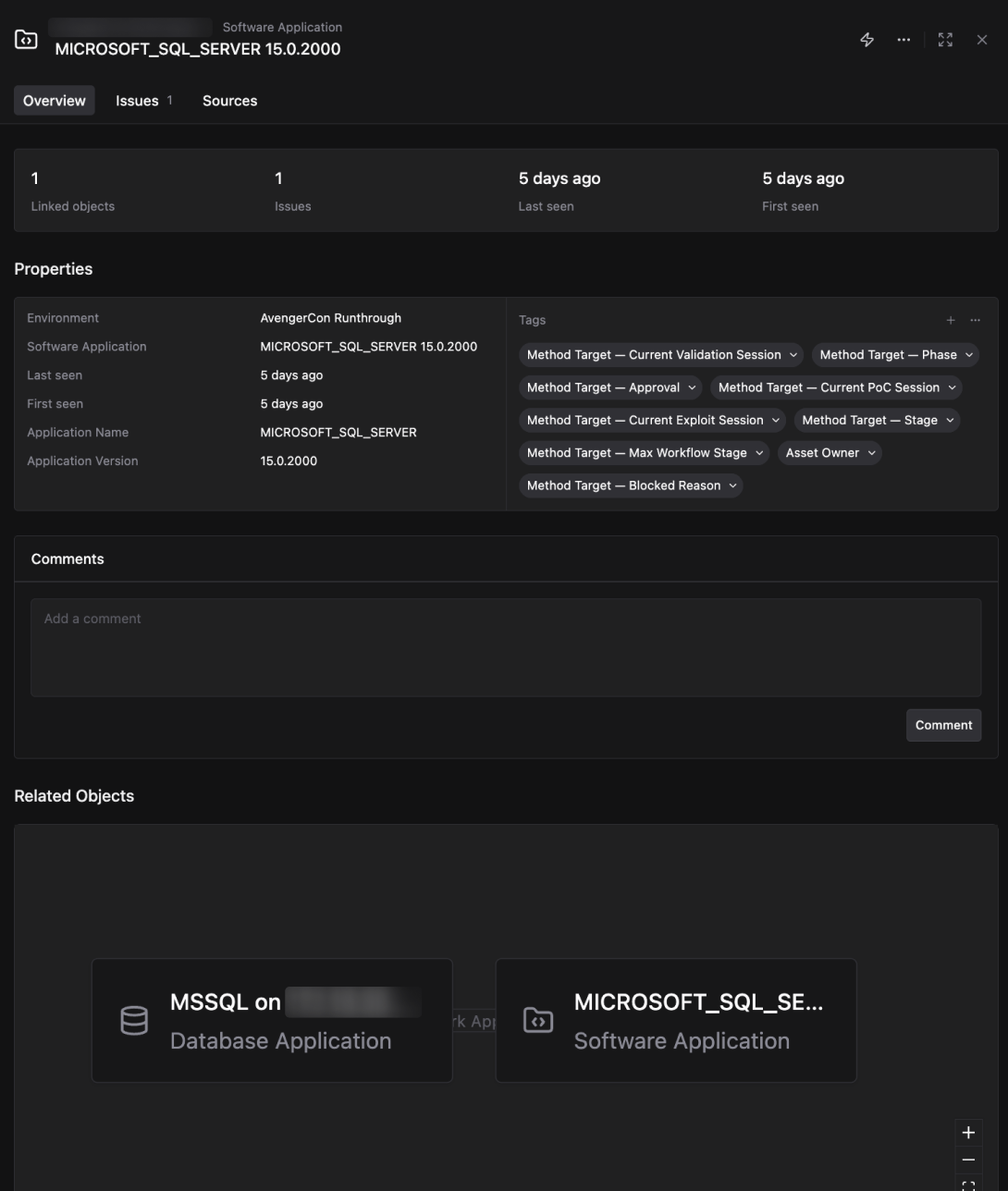 View all details popout for MICROSOFT_SQL_SERVER 15.0.2000 showing properties including Environment, Application Name, Application Version, first seen and last seen timestamps, Method Target tags, a Comments field, and Related Objects at the bottom