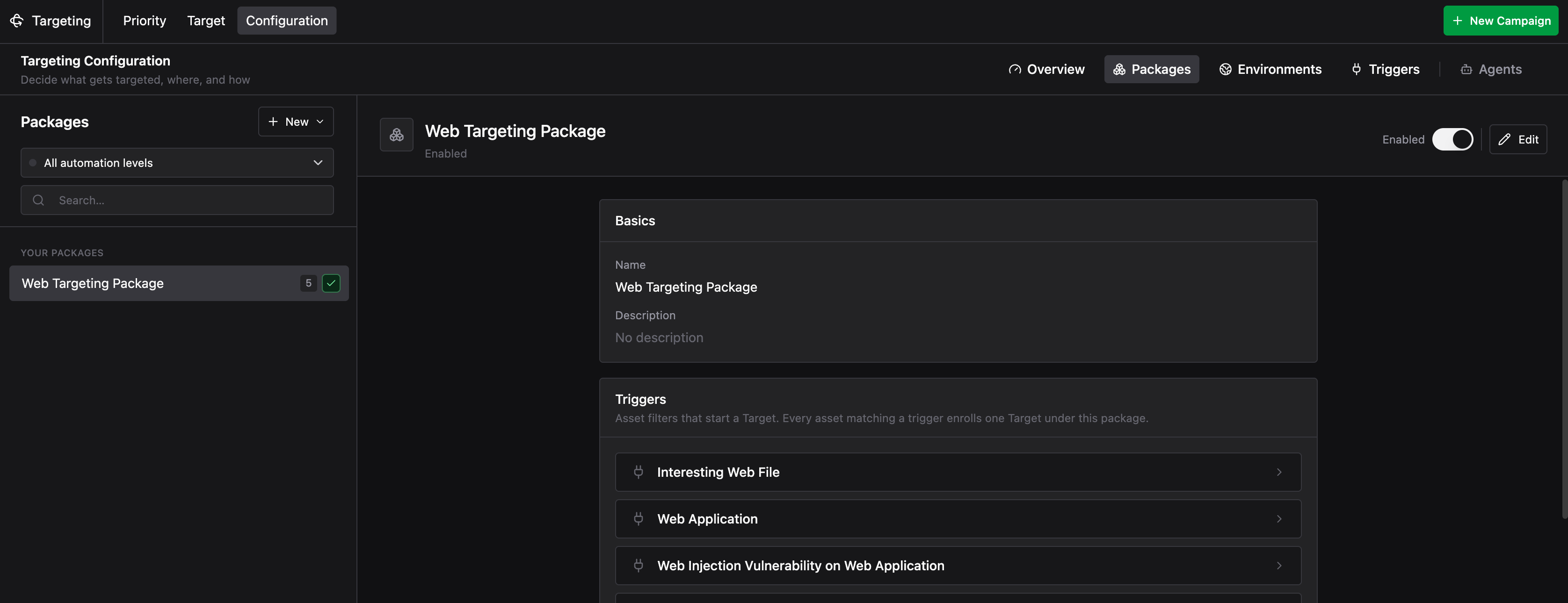 Packages tab showing existing packages in the left sidebar and package details on the right