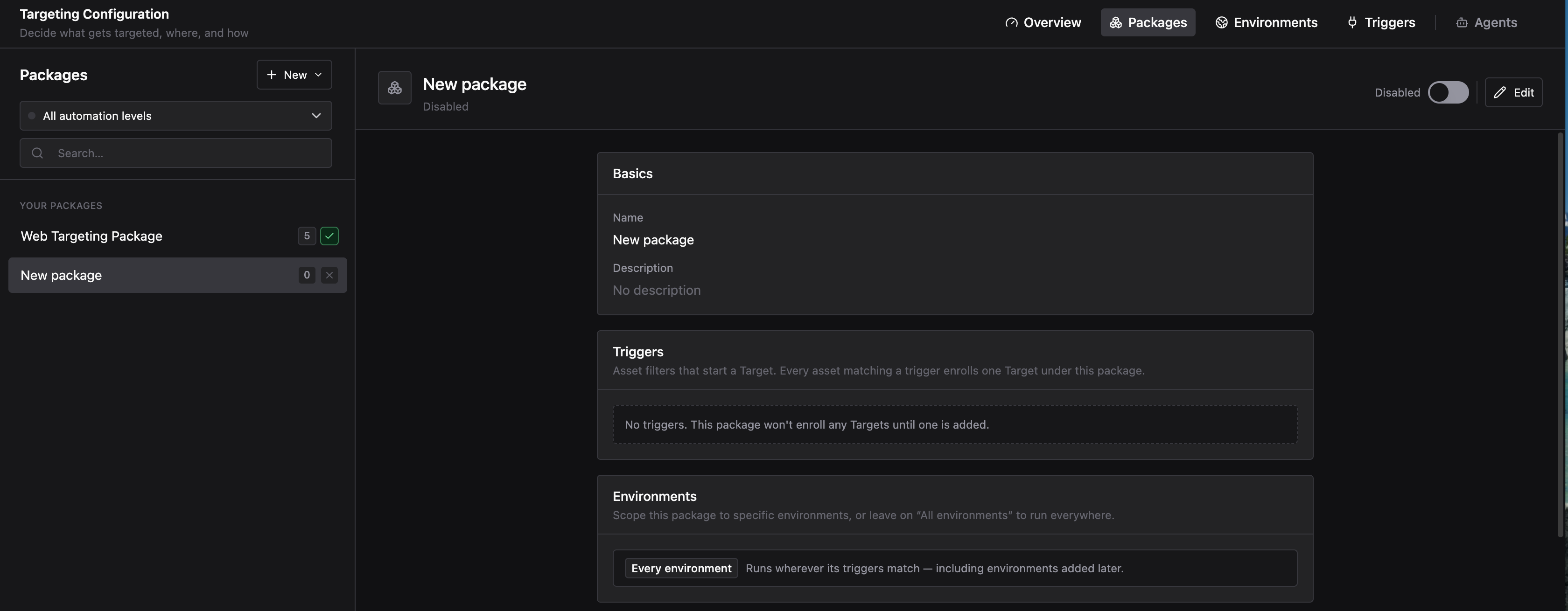 New blank package selected in the sidebar, showing an empty package with no triggers configured