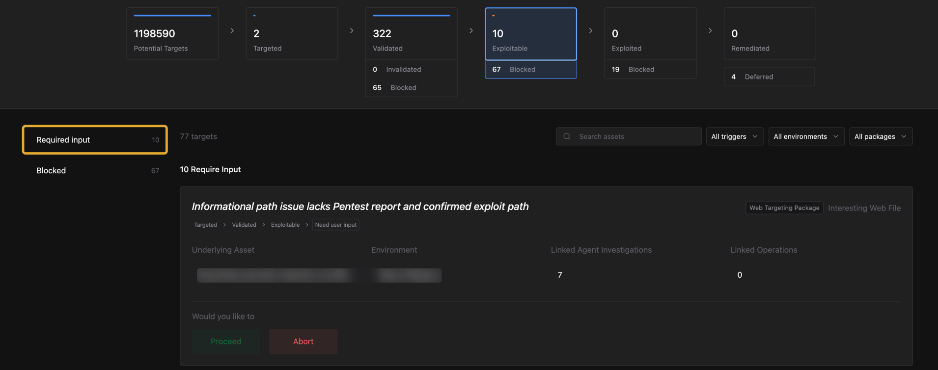 Exploitable status selected showing a target with Need user input status and Proceed and Abort options