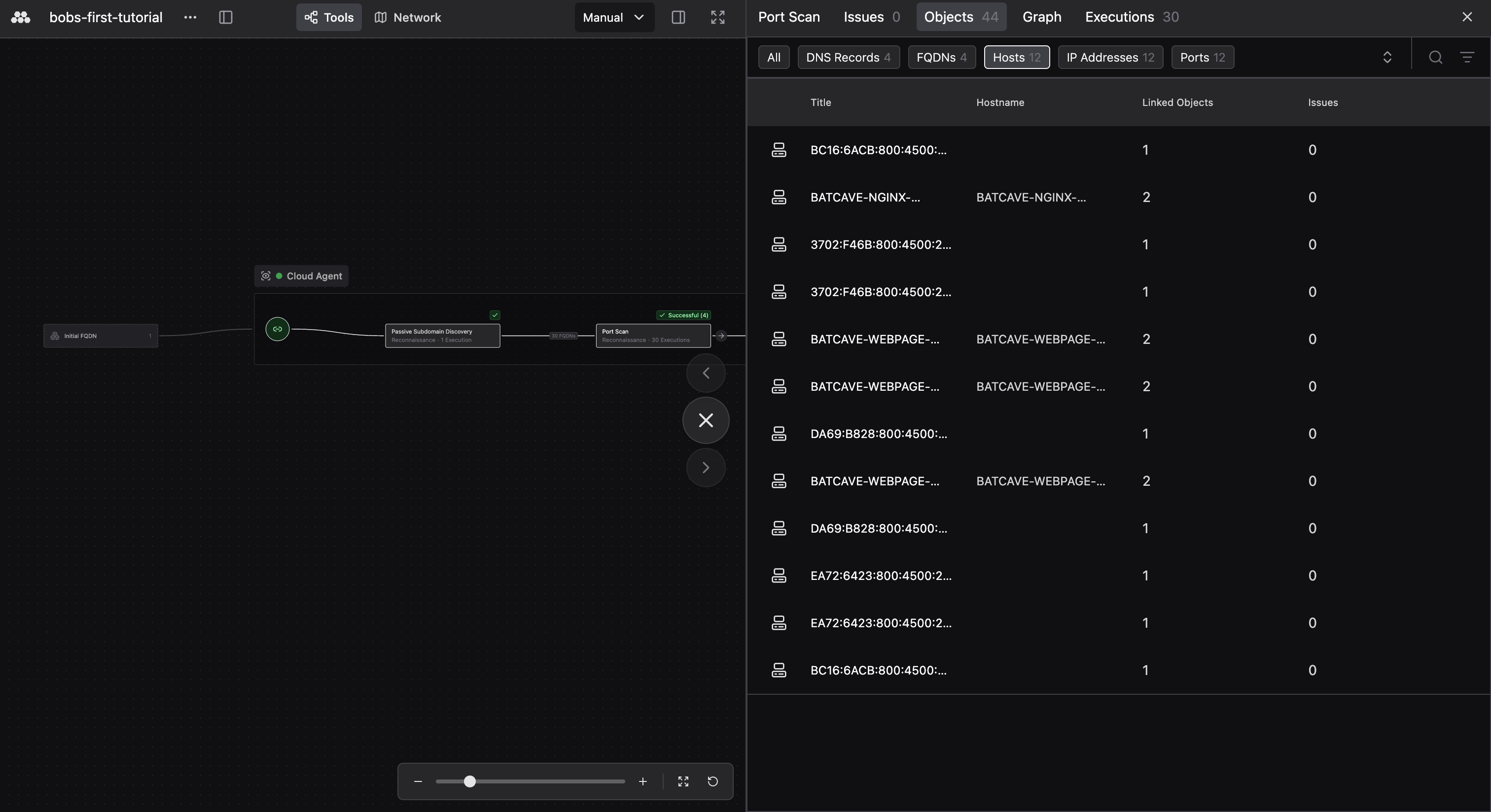 Tool execution results showing created Objects