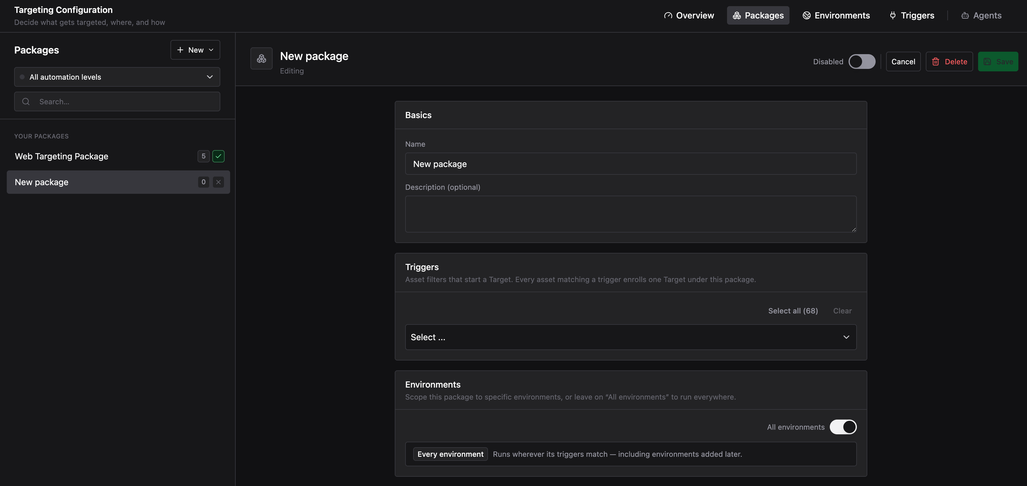 Package edit form showing name, description, triggers selector, and environments section