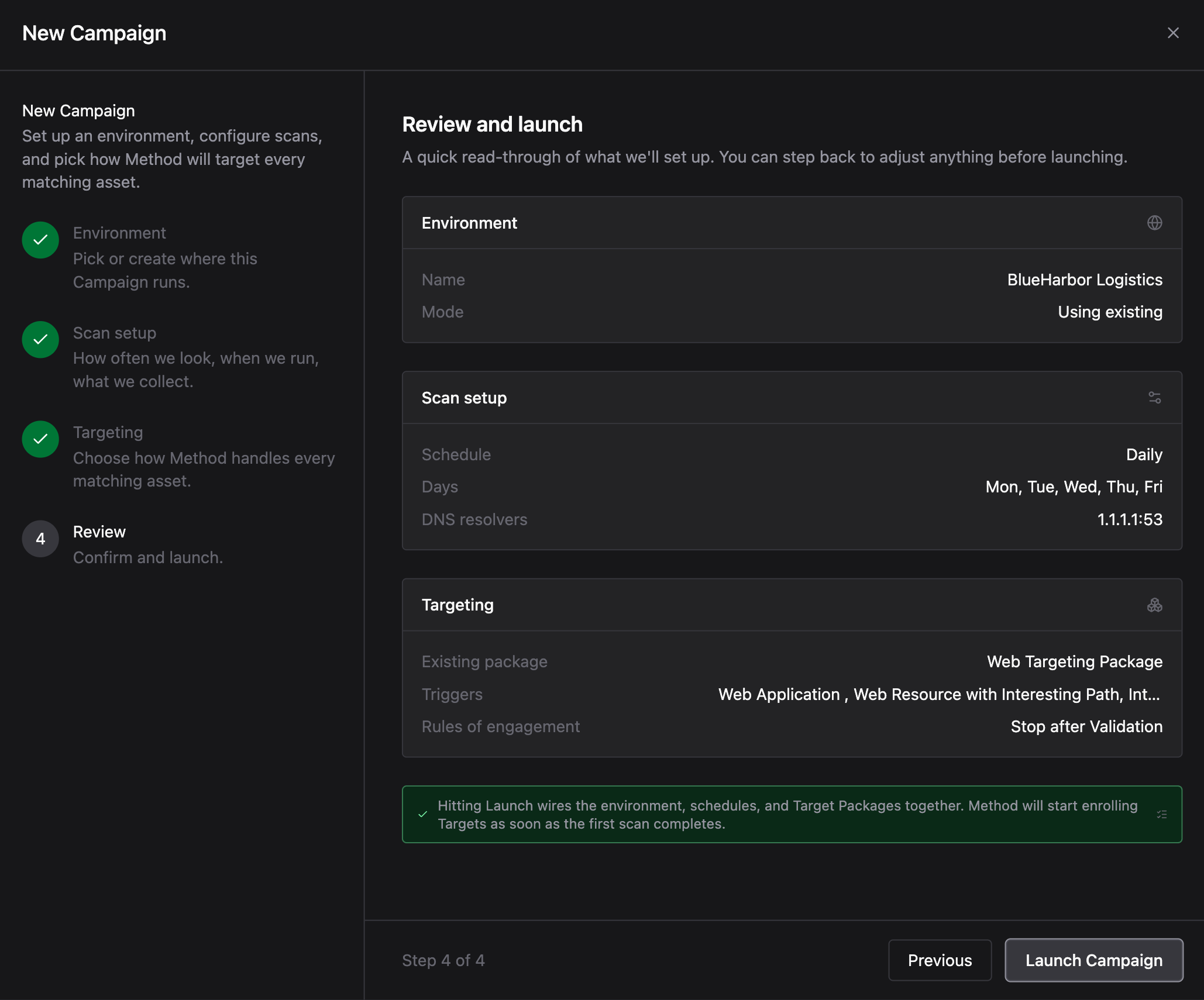 Review step summarizing the Campaign configuration before launch