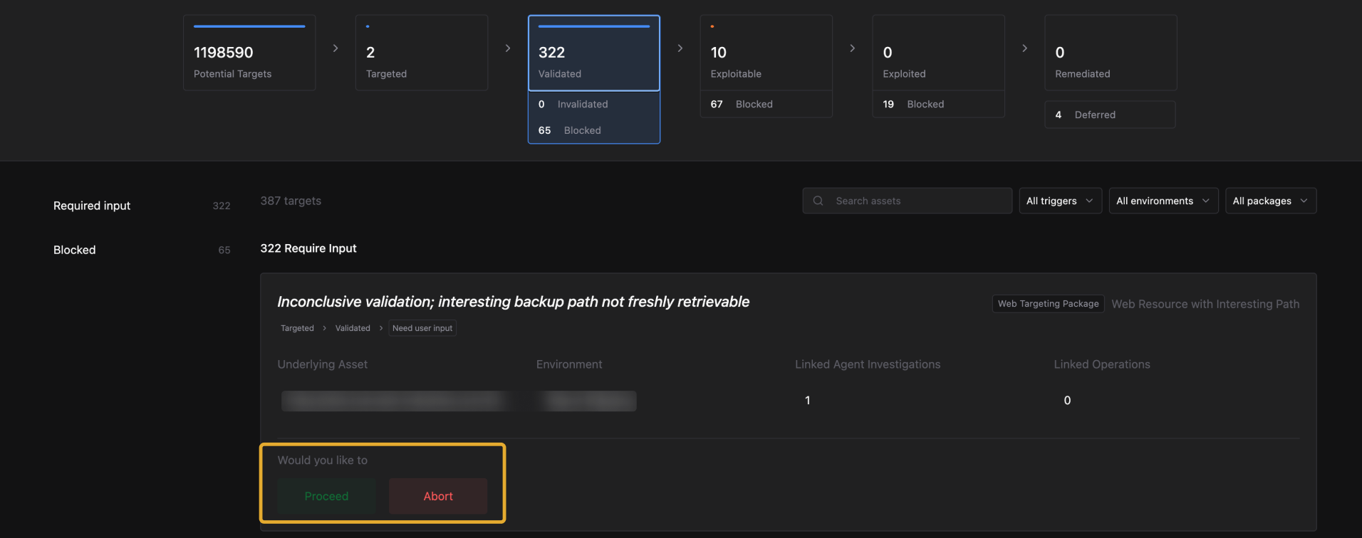 Validated status selected showing required input targets with a Proceed and Abort prompt