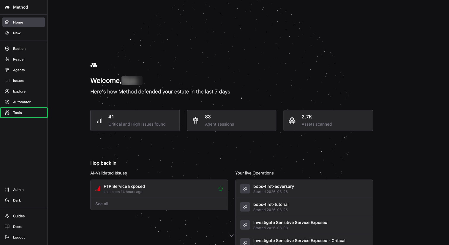 Method homepage with the Tools app highlighted in the left sidebar
