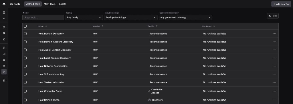The Method Tools tab of the Tools app, showing a filterable list of Tools such as Host Domain Discovery and Host Network Enumeration with their version and family.